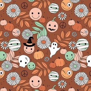 Funky halloween garden - retro smileys magic fall skulls and ghosts daisy flowers and leaves orange blush mint green on rust