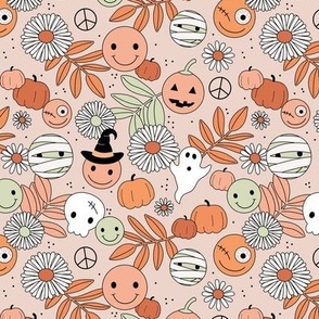 Funky halloween garden - retro smileys magic fall skulls and ghosts daisy flowers and leaves orange blush  soft lime pastel on tan blush beige