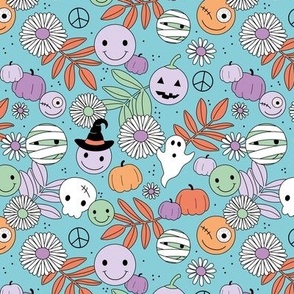 Funky halloween garden - retro smileys magic fall skulls and ghosts daisy flowers and leaves orange mint lilac on blue