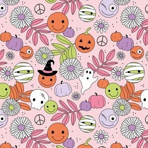 Funky halloween garden - retro smileys magic fall skulls and ghosts daisy flowers and leaves orange pink lime green on blush girls palette