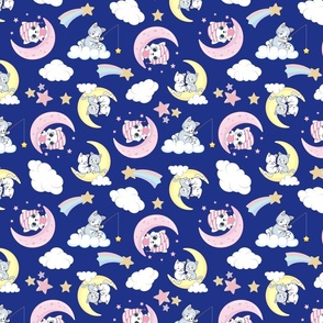 Adorable Kittens on the Moon and Cloud with Dark Blue Background