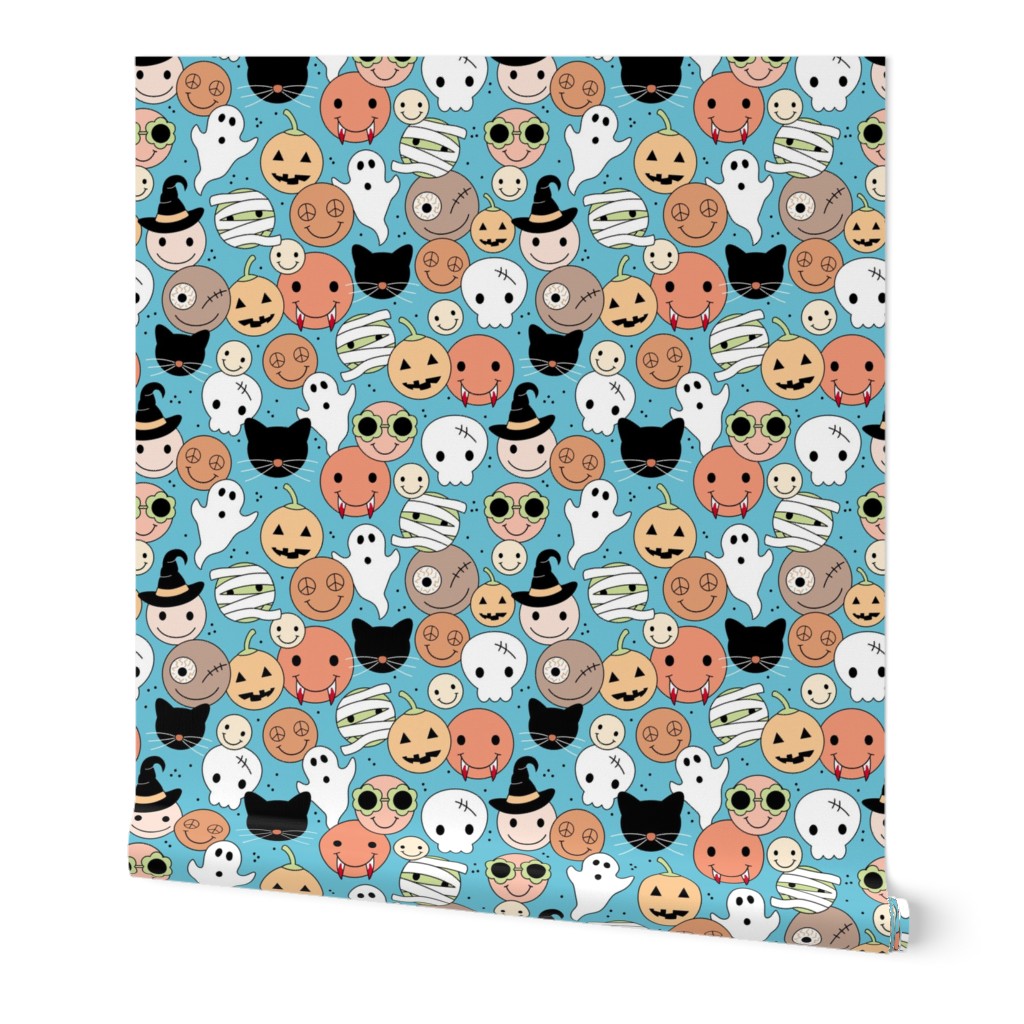 Smileys skulls pumpkins and zombies halloween friends - retro smileys ghosts and black cats design orange blush brown on blue boys palette