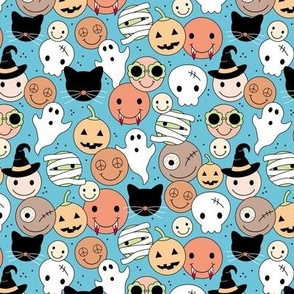 Smileys skulls pumpkins and zombies halloween friends - retro smileys ghosts and black cats design orange blush brown on blue boys palette