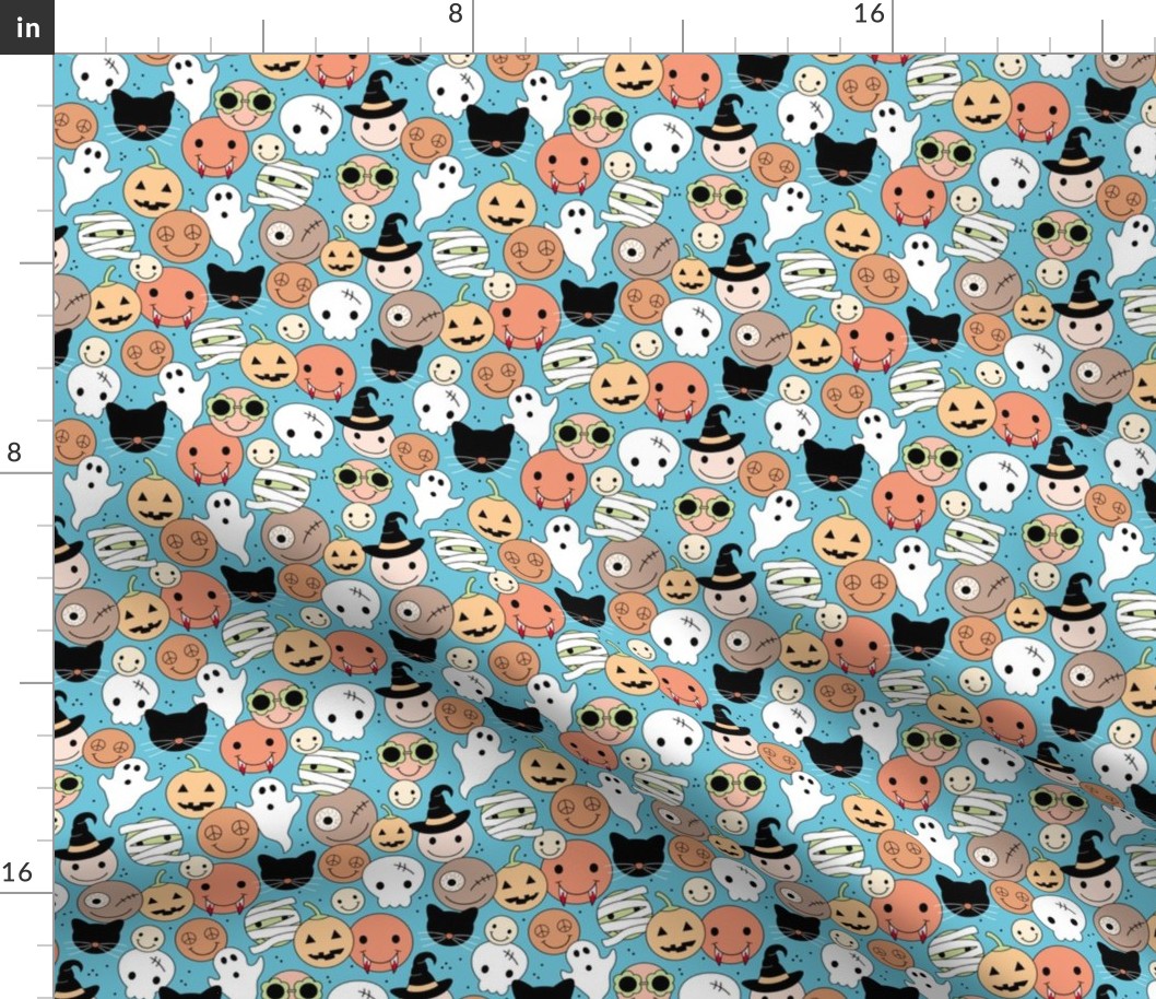 Smileys skulls pumpkins and zombies halloween friends - retro smileys ghosts and black cats design orange blush brown on blue boys palette