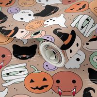 Smileys skulls pumpkins and zombies halloween friends - retro smileys ghosts and black cats design orange mint lilac on tan beige