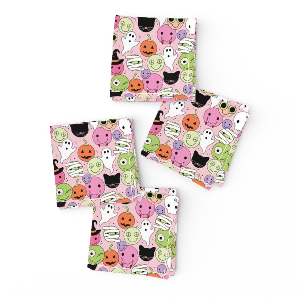 Smileys skulls pumpkins and zombies halloween friends - retro smileys ghosts and black cats design orange pink lime green lilac on blush nineties girls palette