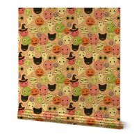 Smileys skulls pumpkins and zombies halloween friends - retro smileys ghosts and black cats design orange pink lime green lilac on blush nineties girls palette