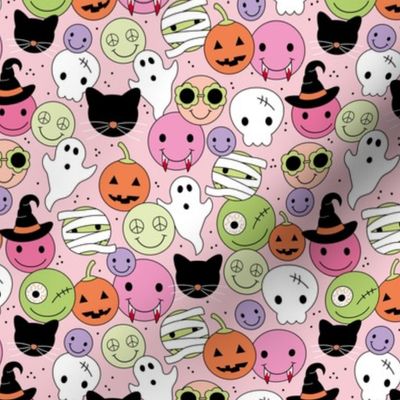 Smileys skulls pumpkins and zombies halloween friends - retro smileys ghosts and black cats design orange pink lime green lilac on blush nineties girls palette