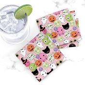 Smileys skulls pumpkins and zombies halloween friends - retro smileys ghosts and black cats design orange pink lime green lilac on blush nineties girls palette