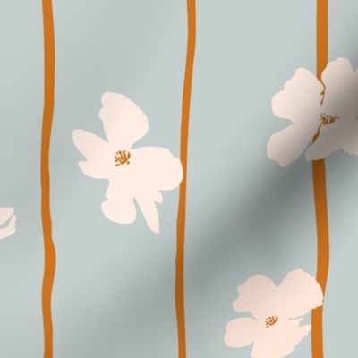 (L) Peach flowers on green and orange vertical stripes background