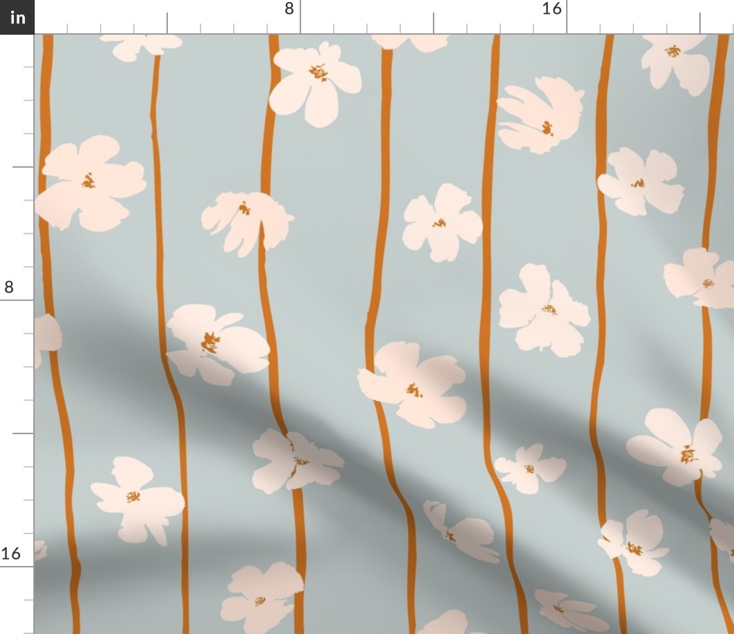 (L) Peach flowers on green and orange vertical stripes background