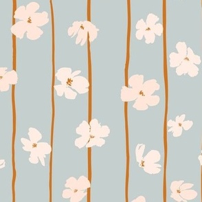 (M) Peach flowers on green and orange vertical stripes background