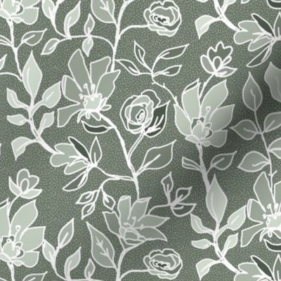 Line Art Floral - Green - Monotone - Morris - Outline Flower - medium