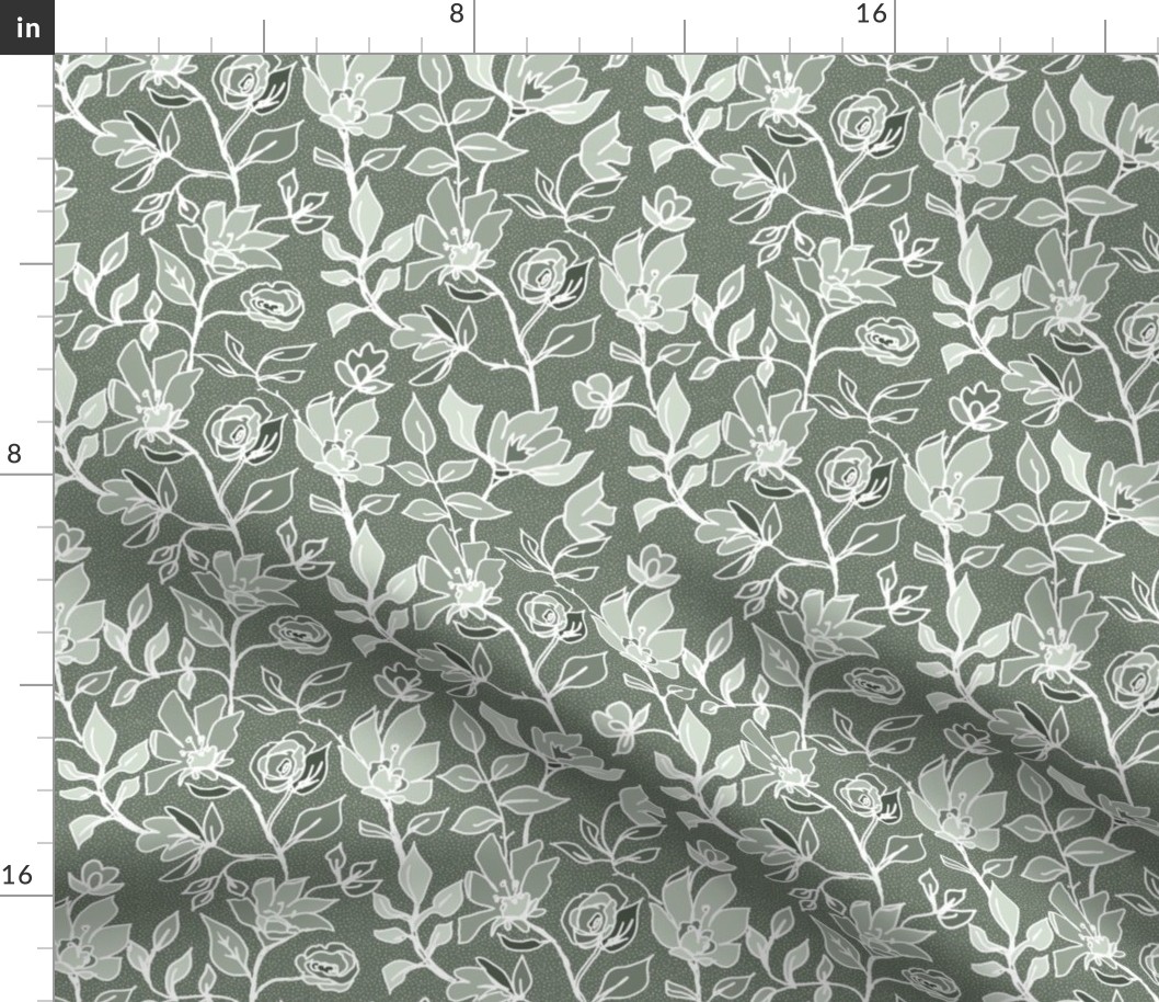 Line Art Floral - Green - Monotone - Morris - Outline Flower - medium