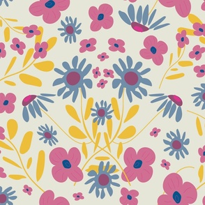 More Folk Floral Fun - Tween Spirit Bedding -  Very Pretty Wildflowers - Pink, Blue And Yellow.