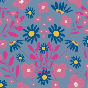 More Folk Floral Fun - Whimsical Woodland Wildflowers - Pink On Moody Blue.