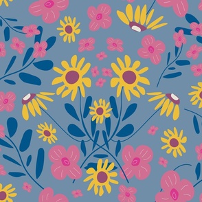 More Folk Floral Fun - Classic Hand Drawn Floral - Pink, Yellow And Blue.