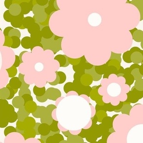 (L) Cute pink flowers on green grass dotted background