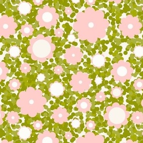 (M) Cute pink flowers on green grass dotted background