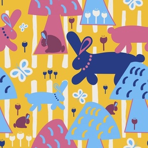 Cute Kids Sheet Set - Bright And Colourful Bunnies, Mushrooms And Butterflies.