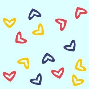 Simple tossed hearts - purple, pink, yellow on light blue