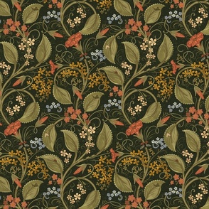 (M/on green) v.2.1 Every Weed Is a Flower on Dark Green / Weeds and Bugs in Arts and Crafts Style /  WGD-145 / medium scale fabric | large scale wallpaper