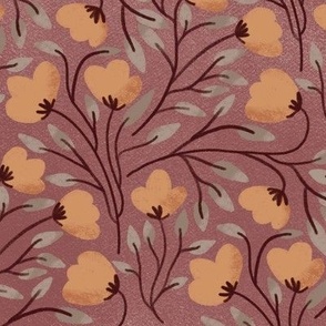 Hand drawn peach florals on a brown background - cottagecore aesthetic - vintage boho chic