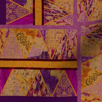 Cabin core rustic perfect harmony cheater block quilt with multi patterns and burlap hessian texture overlay 12” repeat cerise, neutral hues, purple and yellow