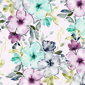 Large scale Pastel Lined Watercolor Florals - Teal, Magenta, Grey, and Green