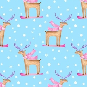 Skiing deer snowy winter Christmas on pastel blue background