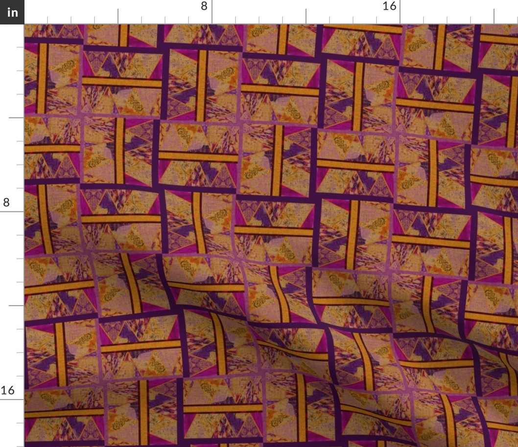 Cabin core rustic perfect harmony cheater block quilt with multi patterns and burlap hessian texture overlay 6” repeat cerise, neutral hues, purple and yellow