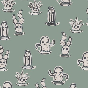 SUPER SPOOKY HALLOWEEN CUTE CACTUS MONSTERS ON SKATEBOARDS MUTED KHAKI GREEN WITH CHARCOAL OUTLINE AND LIGHT GREY SMALL SCALE