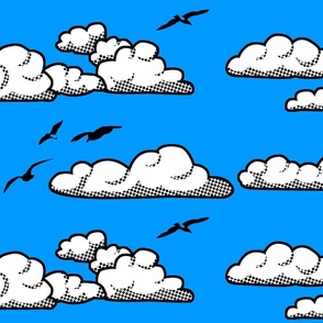 Pop art blue sky, clouds, seagulls