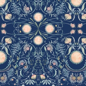 Soft watercolor filigree damask on classic navy