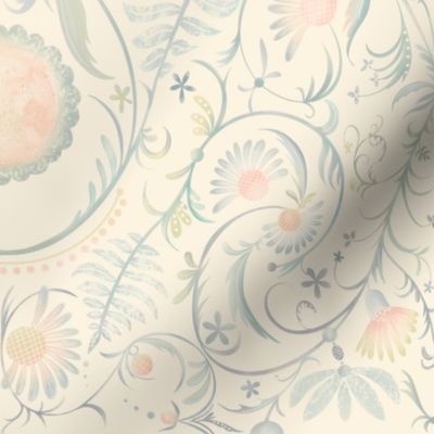 Faded watercolor floral filigree damask on ivory
