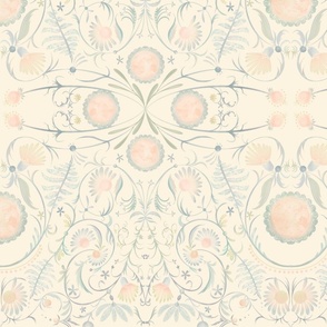 Faded watercolor floral filigree damask on ivory