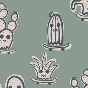 SUPER SPOOKY HALLOWEEN CUTE CACTUS MONSTERS ON SKATEBOARDS MUTED KHAKI GREEN WITH CHARCOAL OUTLINE AND LIGHT GREY LARGE SCALE FOR KIDS BEDROOM