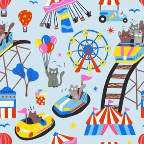 Cats at the funfair - blue, red, pink and yellow - large scale for bedding and curtains