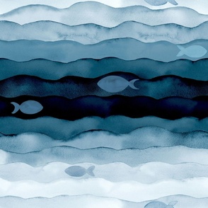 Watercolour waves and fishes. Navy blue and white
