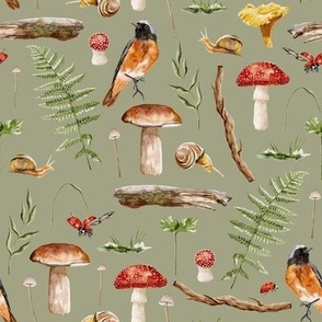 Enchanted Forest Watercolor Animals - Mushrooms, Snails, Birds