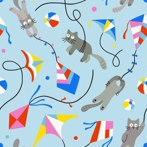Cats and kites - puzzled cats flying kites - blue, red, pink and yellow 