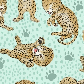 Playful Cheetah Cubs Pastel Teal Big Scale