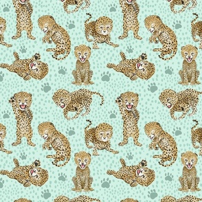 Playful Cheetah Cubs Pastel Teal Small Scale