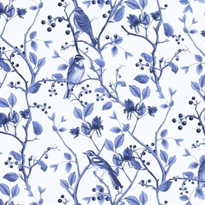 East Meets West Nordic Bird Chinoiserie And Foliage Pattern Blue Medium Scale