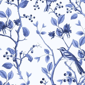 East Meets West Nordic Bird Chinoiserie And Foliage Pattern Blue Large Scale