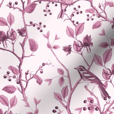 East Meets West Nordic Bird Chinoiserie And Foliage Pattern Pink Smaller Scale