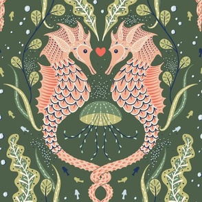 sea horse with jellyfish coastal chic dark green, sea horses