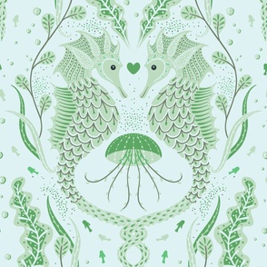 sea horse with jellyfish coastal chic pantone light blue and green, sea horses