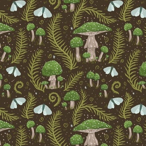 12" Green Mushrooms, Ferns, Moths - Magical Woodland Dark Green Pattern