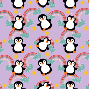 Baby penguins with rainbow on violet (large)